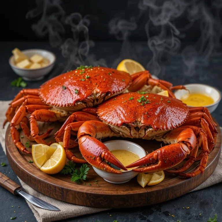 A beautifully styled, high-resolution image of two fully cooked Dungeness crabs on a rustic wooden platter. The crab shells are a deep, glossy reddish-orange color with slight charred edges for a crispy finish, showing they’ve been perfectly boiled or steamed and lightly roasted or grilled. The legs and claws have a visible sheen from a brushed garlic butter glaze. Surrounding the crab are small dipping bowls with melted garlic butter, lemon wedges, and a light sprinkle of chopped fresh parsley for garnish. Steam rises subtly from the platter to show warmth. The background is a dark slate surface with a neutral linen napkin, highlighting the crab’s vibrant color. Optional props: a seafood cracker