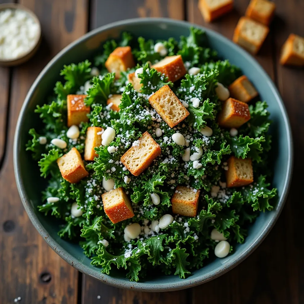 Kale Caesar Salad with Garlic Croutons