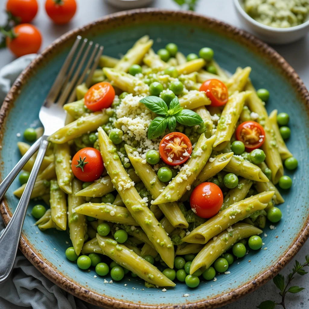 Creamy Pesto Pasta with Peas and Cherry Tomatoes