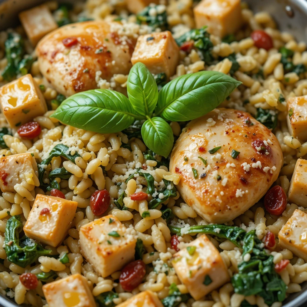 One-Pan Chicken Orzo with Spinach and Sun-Dried Tomatoes